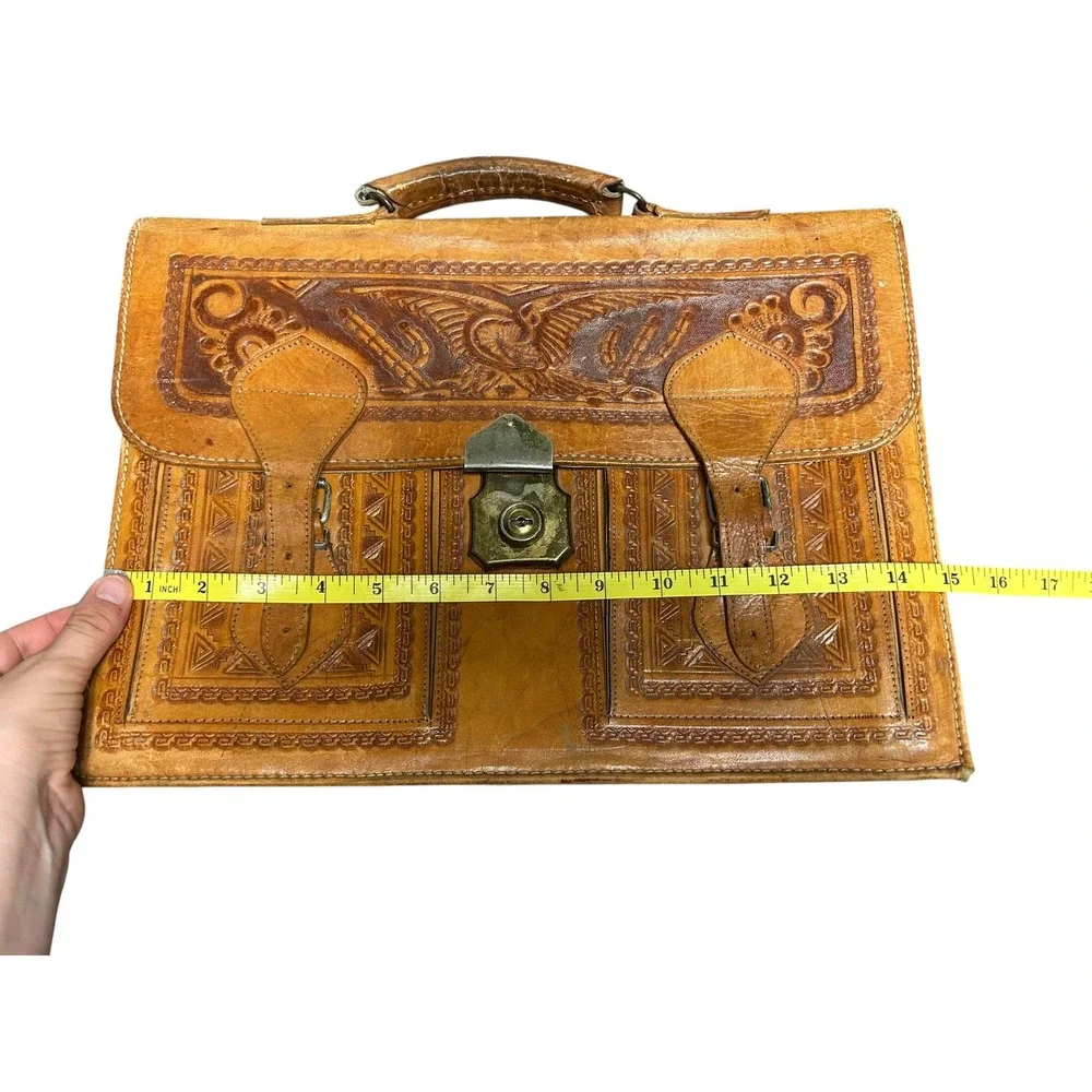 Vintage Mexican Hand Tooled Leather Briefcase Aztec Calendar Eagle Satchel Bag